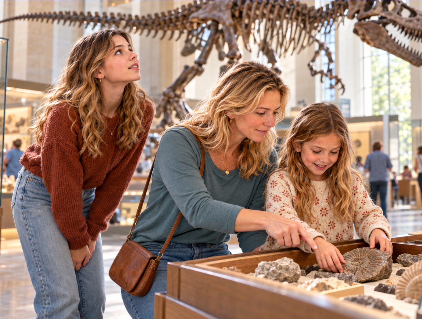 Three people lean over a museum exhibit, examining artifacts together in a bright gallery.
