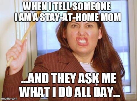 Angry woman holding a wooden spoon; meme text about stay-at-home mothers and what they do all day.