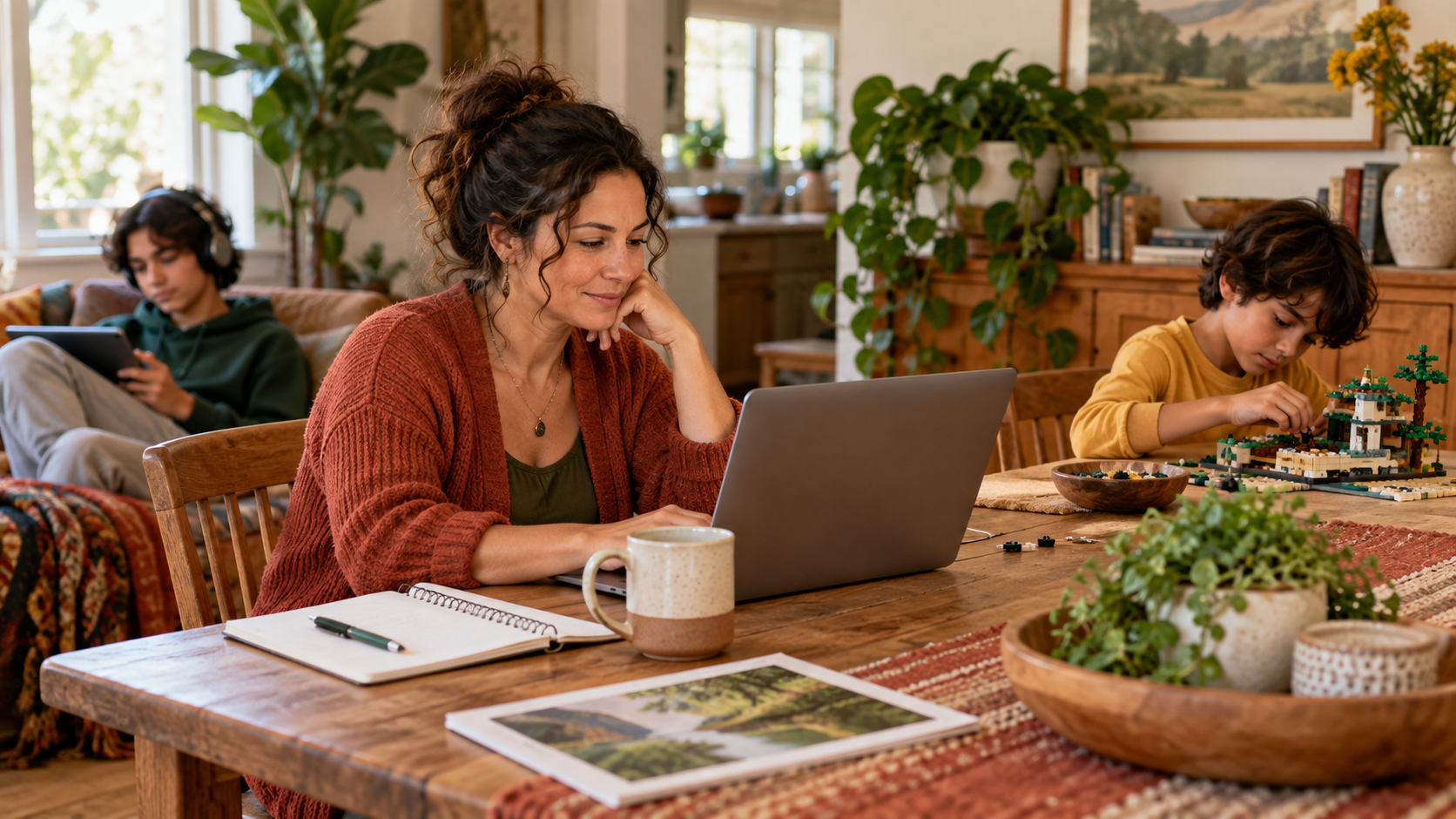 People working on laptops at a cozy wooden table with plants and notebooks