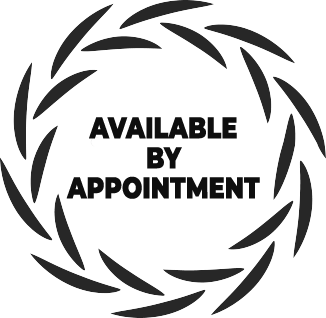 Black text reads "AVAILABLE BY APPOINTMENT" centered inside a circular border of black, curved, stylized leaf-like shapes.