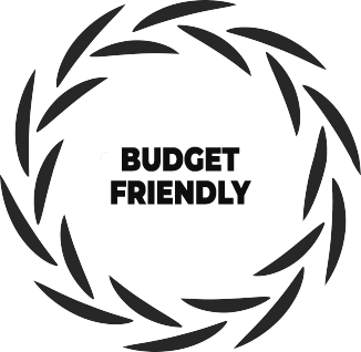 Text reading "BUDGET FRIENDLY" centered inside a circular border made of black, leaf-like graphic elements.