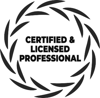 Text reading "CERTIFIED & LICENSED PROFESSIONAL" inside a circular wreath of black leaf-like shapes.