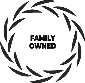 Black text reading "FAMILY OWNED" inside a circular wreath of stylized black leaves on a white background.