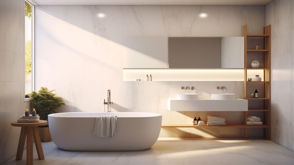 A modern, bright bathroom with a white soaking tub, double vanity, floating shelves, and natural light from a side window.