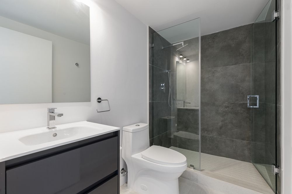 A modern bathroom with a grey vanity, white sink, white toilet, and a glass-enclosed shower with dark charcoal wall tiles.