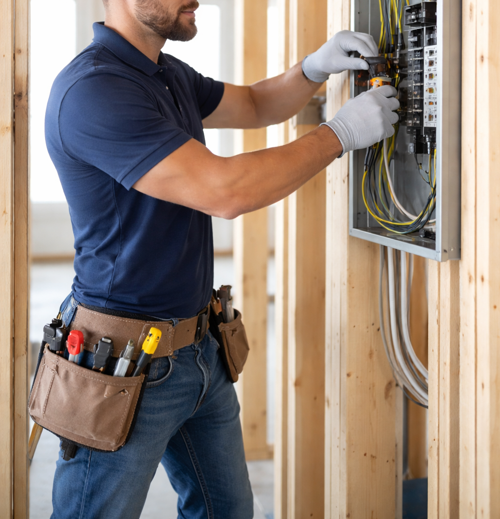 Electrician working on a circuit breaker panel in a building under construction.