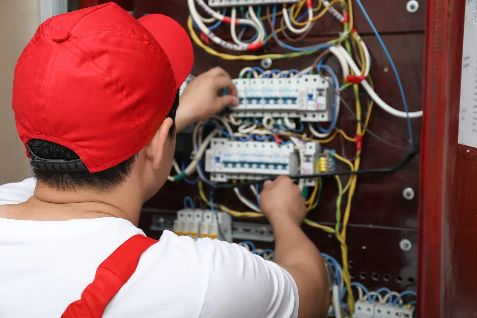 Electrician in red cap and overalls working on a circuit breaker panel with wires.