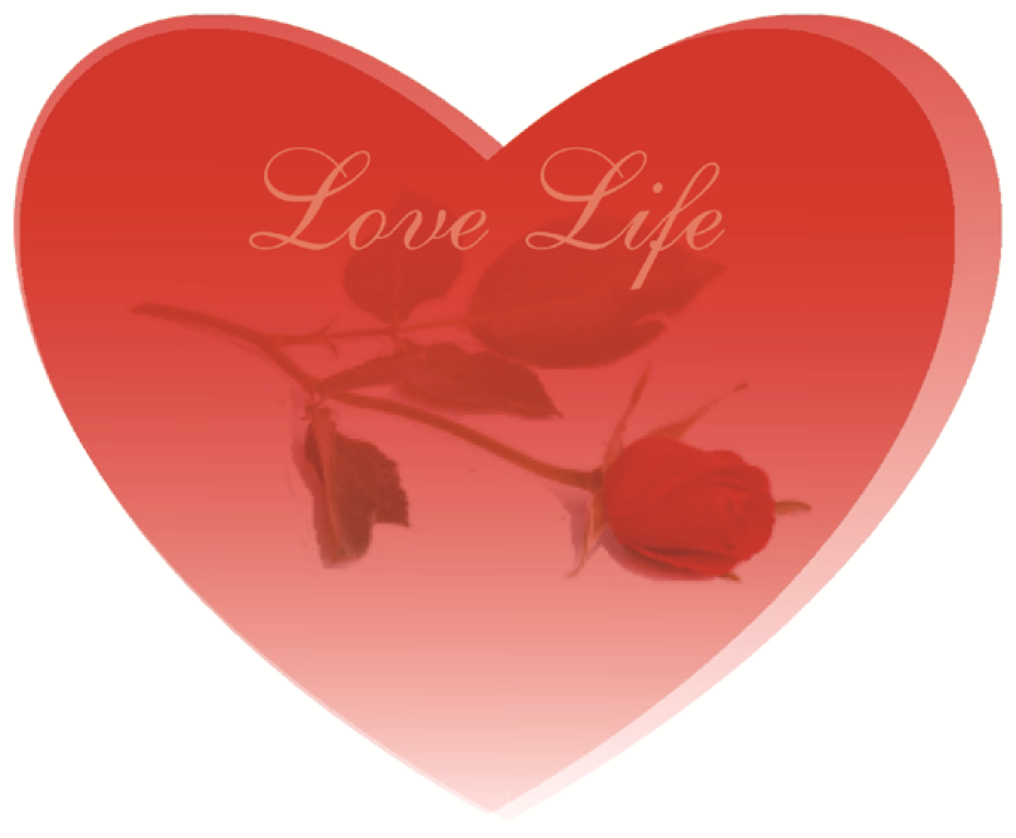 Red heart shape with a rose and the words 