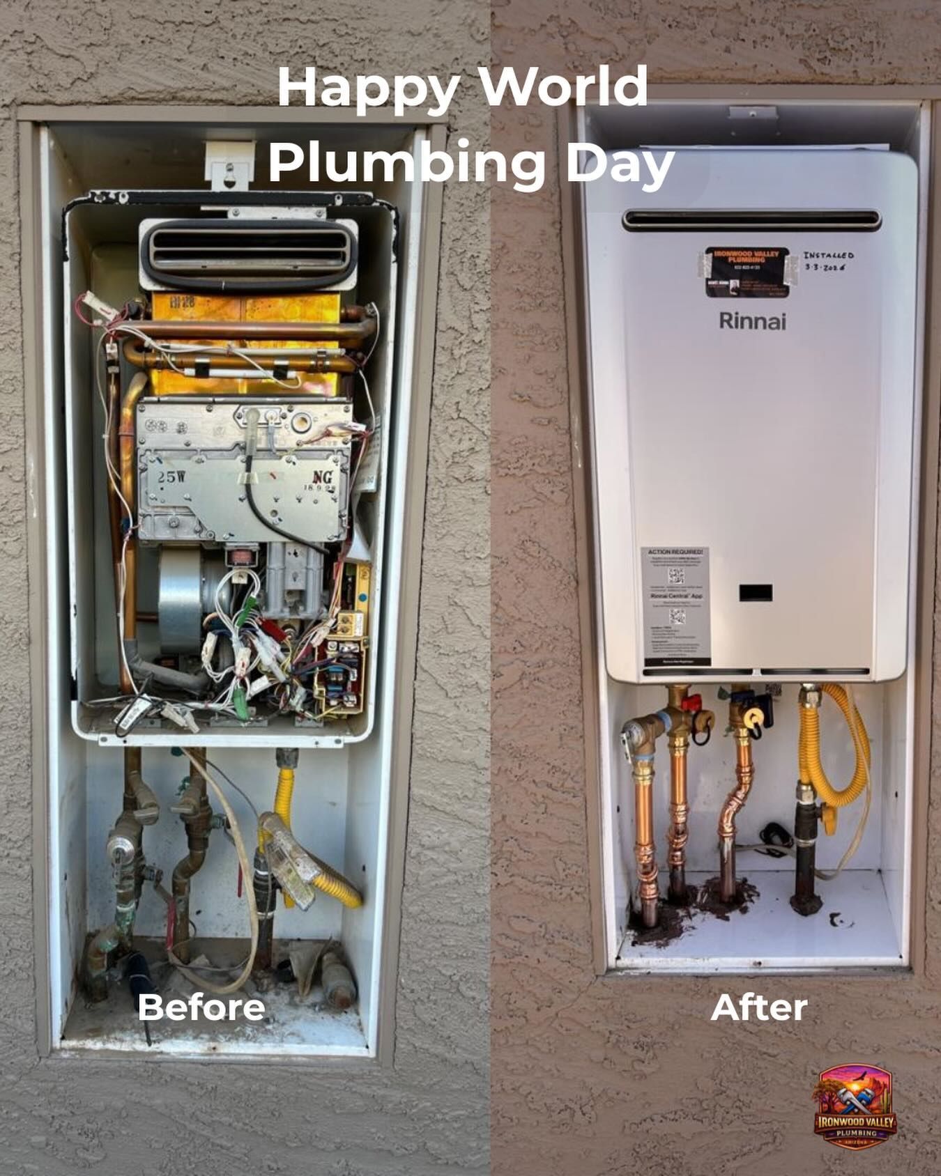 A side-by-side comparison showing an old, uncovered tankless water heater and its clean, new Rinnai replacement.