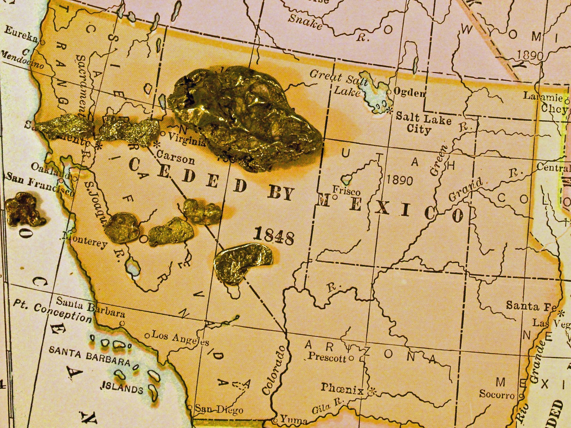 Vintage map of Texas with yellow and brown shading, labeled counties, and the year 1848.