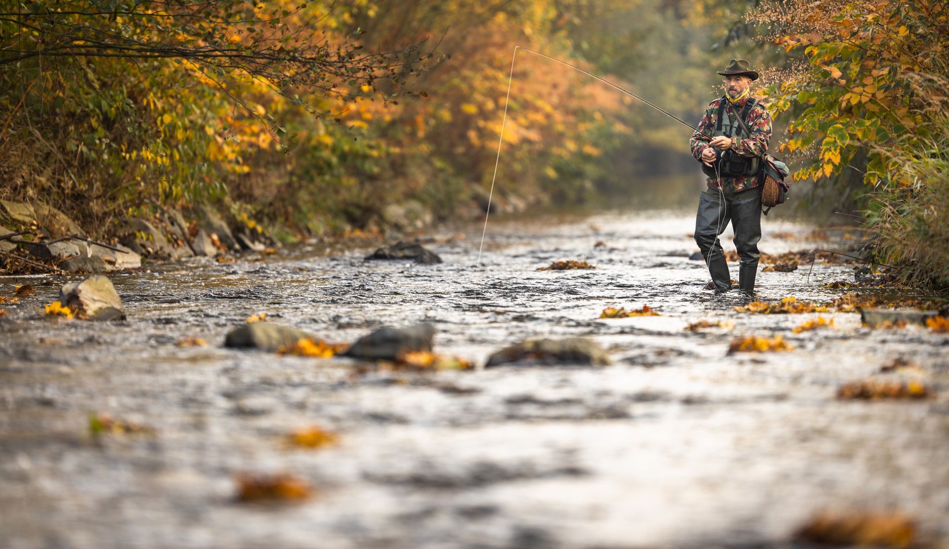 Person walking in a shallow stream in an autumn forest, wearing outdoor gear and carrying a fishing rod.