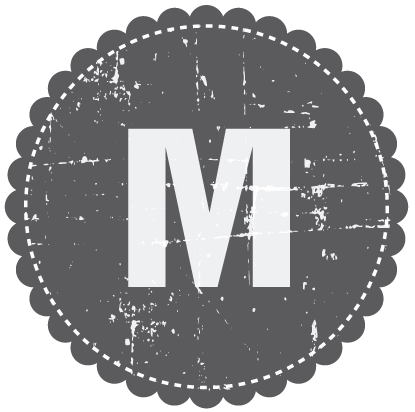 Gray circle with distressed texture and white scalloped border, large white