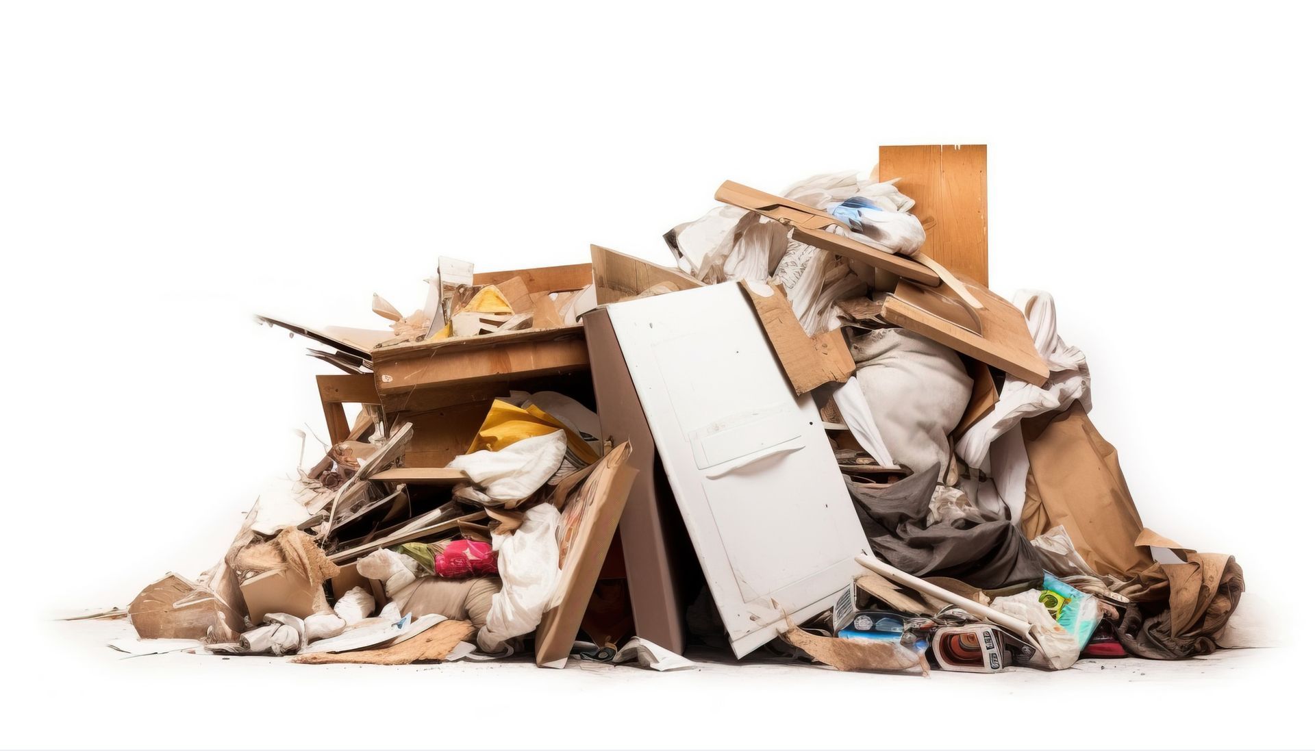 Pile of household waste, including wood, cardboard, and fabric, on a white background.