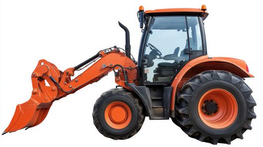 Orange tractor with a front loader, ready for construction work.