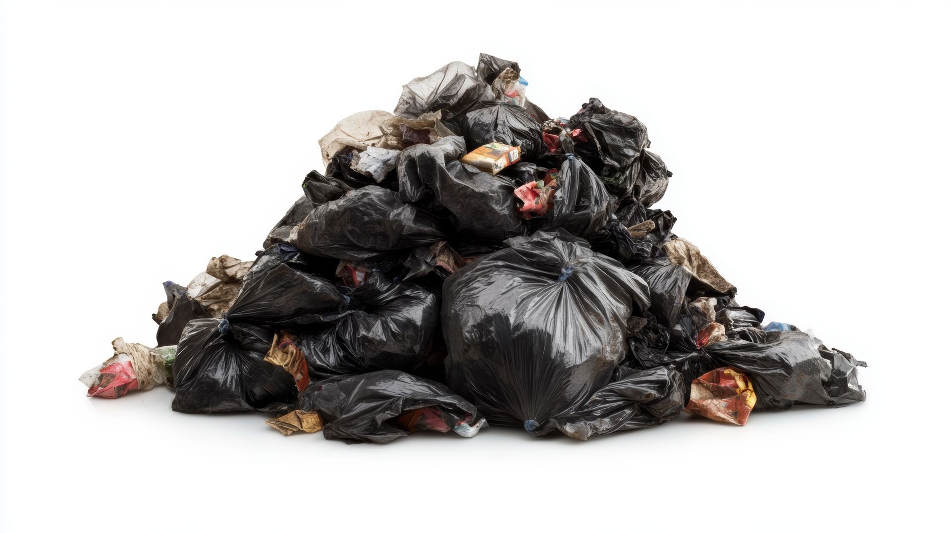 Pile of black trash bags overflowing with garbage.