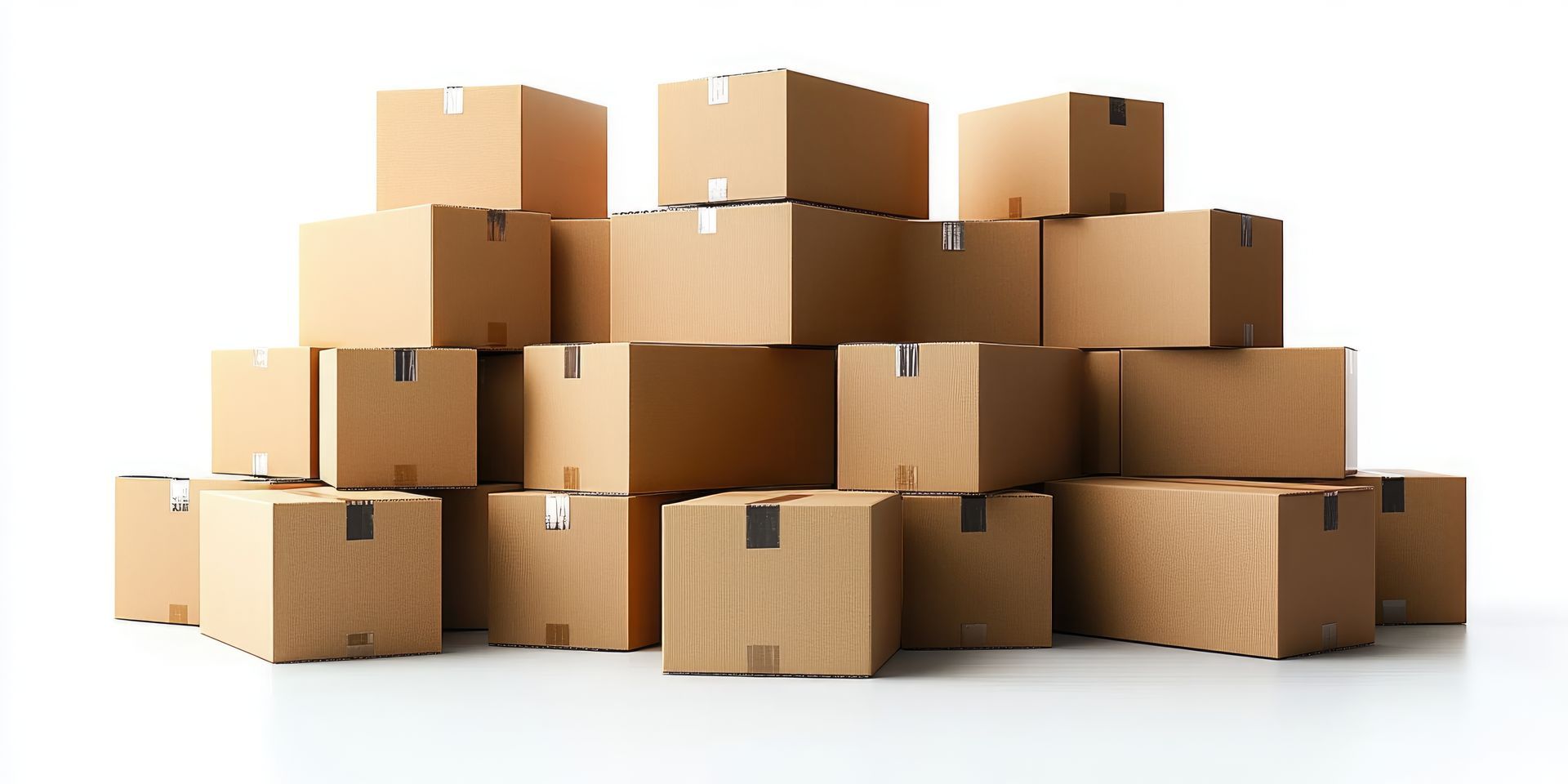A stack of brown cardboard boxes piled together on a white surface.