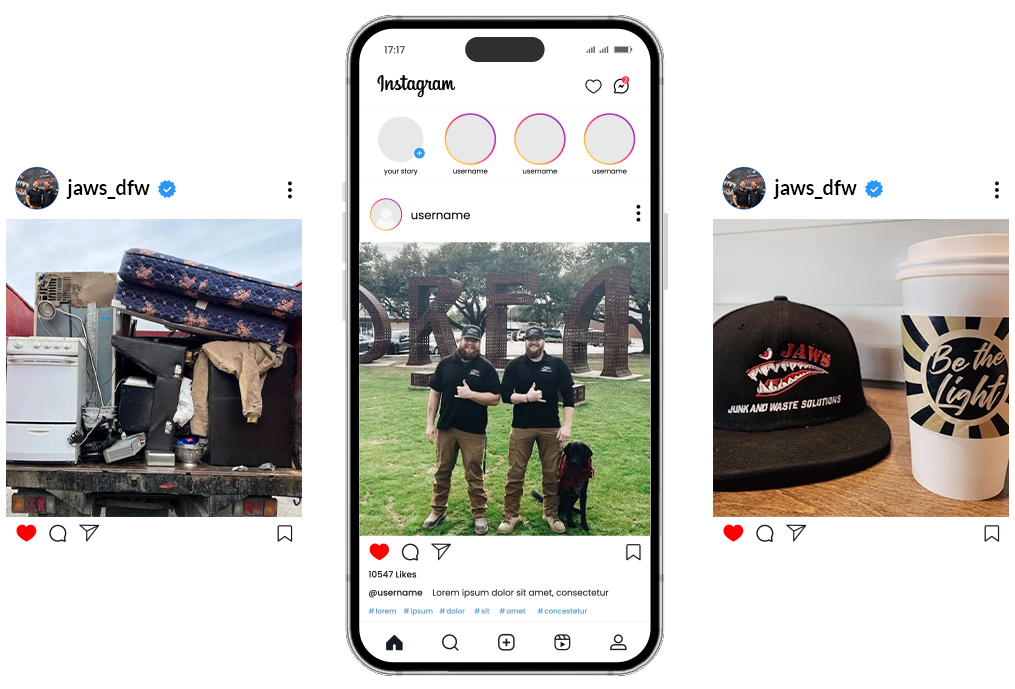 Instagram feed showcasing three posts: a truck with discarded appliances, two men with a dog, and a hat with a coffee cup.
