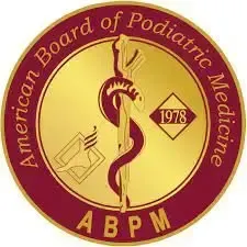 American Board of Podiatric Medicine logo with a golden center and burgundy border, featuring a caduceus and foot symbol.