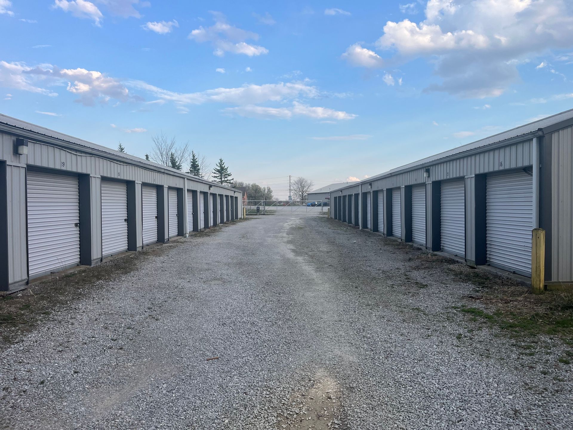 Two storage buildings and gravel drive aisle at Goodfellas Storage, 2718 Akron Road, Wooster, Ohio