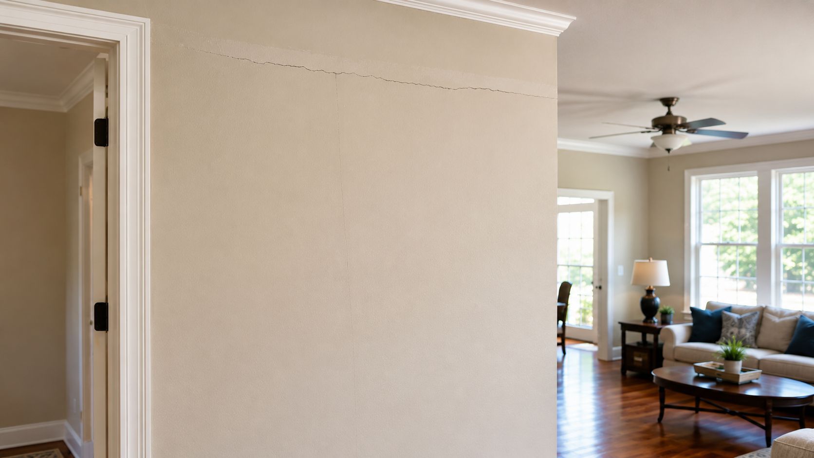 Living room view with beige wall, doorway, ceiling fan, and sunlit seating area with large windows