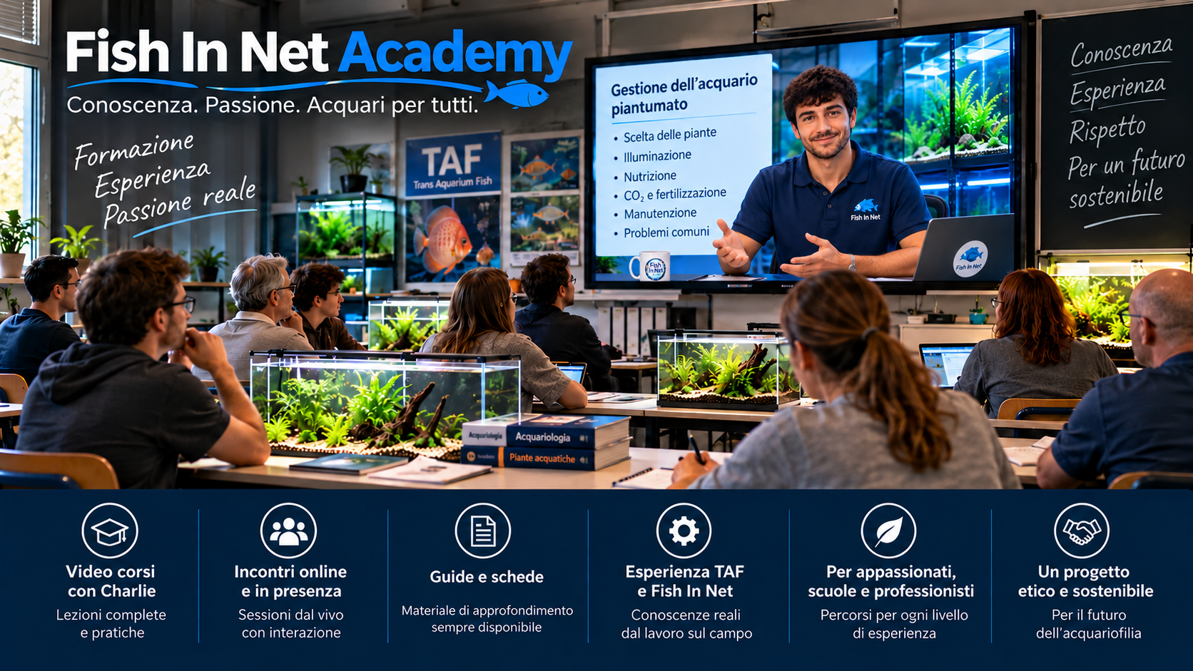 Charlie insegna acquariologia a una classe di adulti nella Fish In Net Academy.
