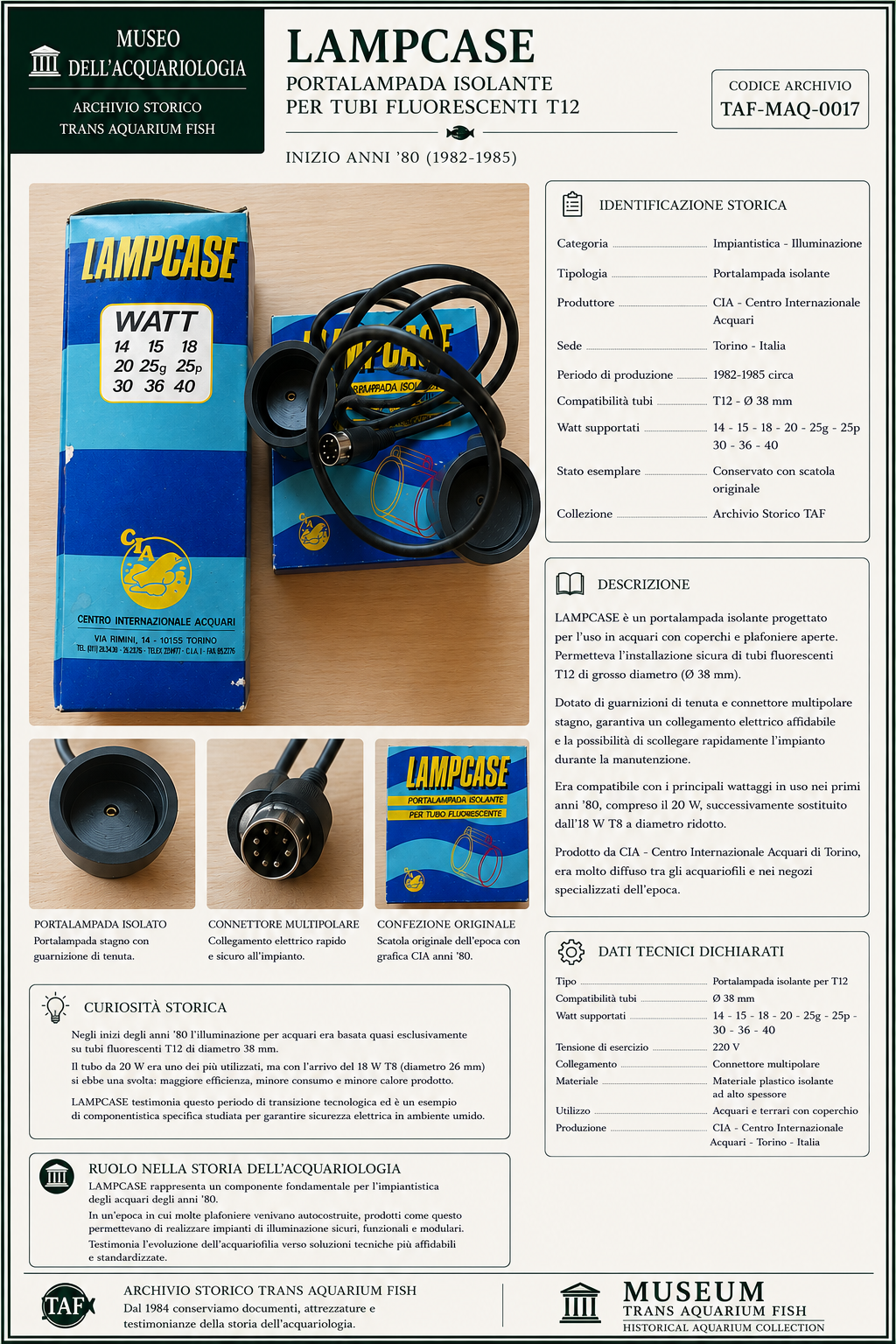 Scheda del Museo dell’Acquariologia dedicata al portalampada Lampcase per tubi fluorescenti T12