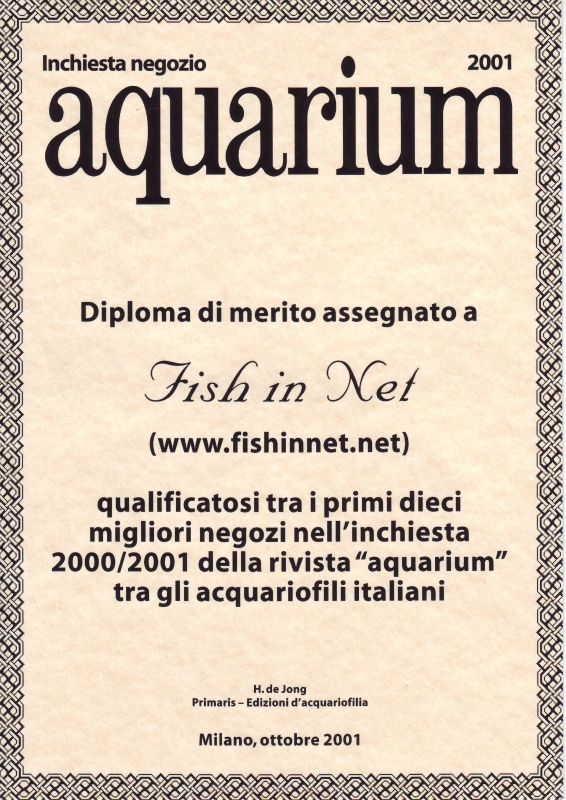 Diploma di merito Aquarium 2001 assegnato a Fish In Net
