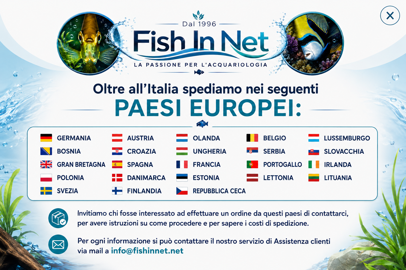 Paesi europei serviti dalle spedizioni Fish In Net