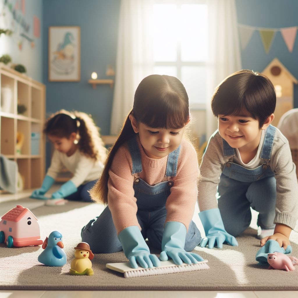 a boy and a girl are cleaning the floor in a room .