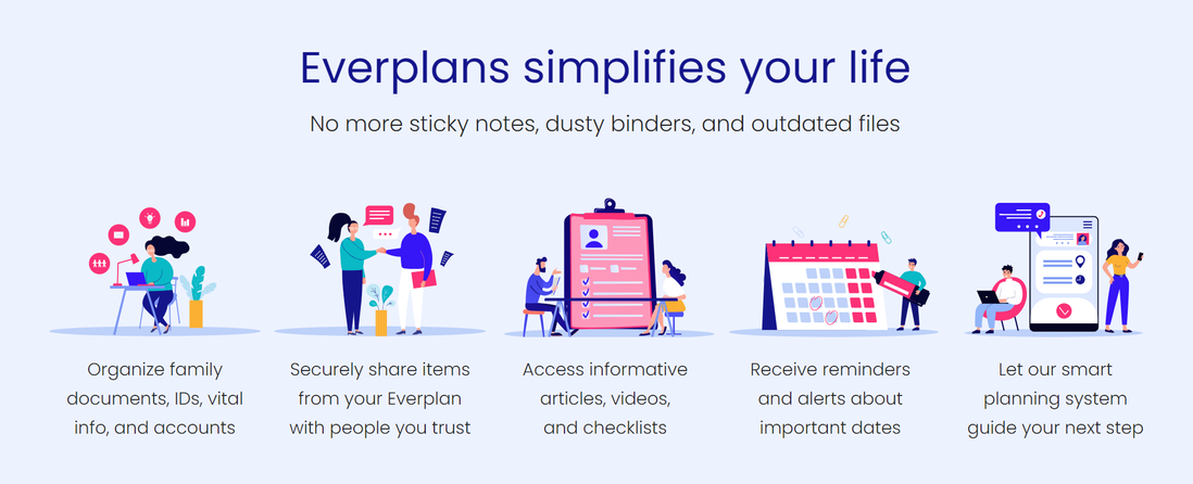 A banner with a bunch of people standing next to each other and the words `` everplans simplifies your life ''.
