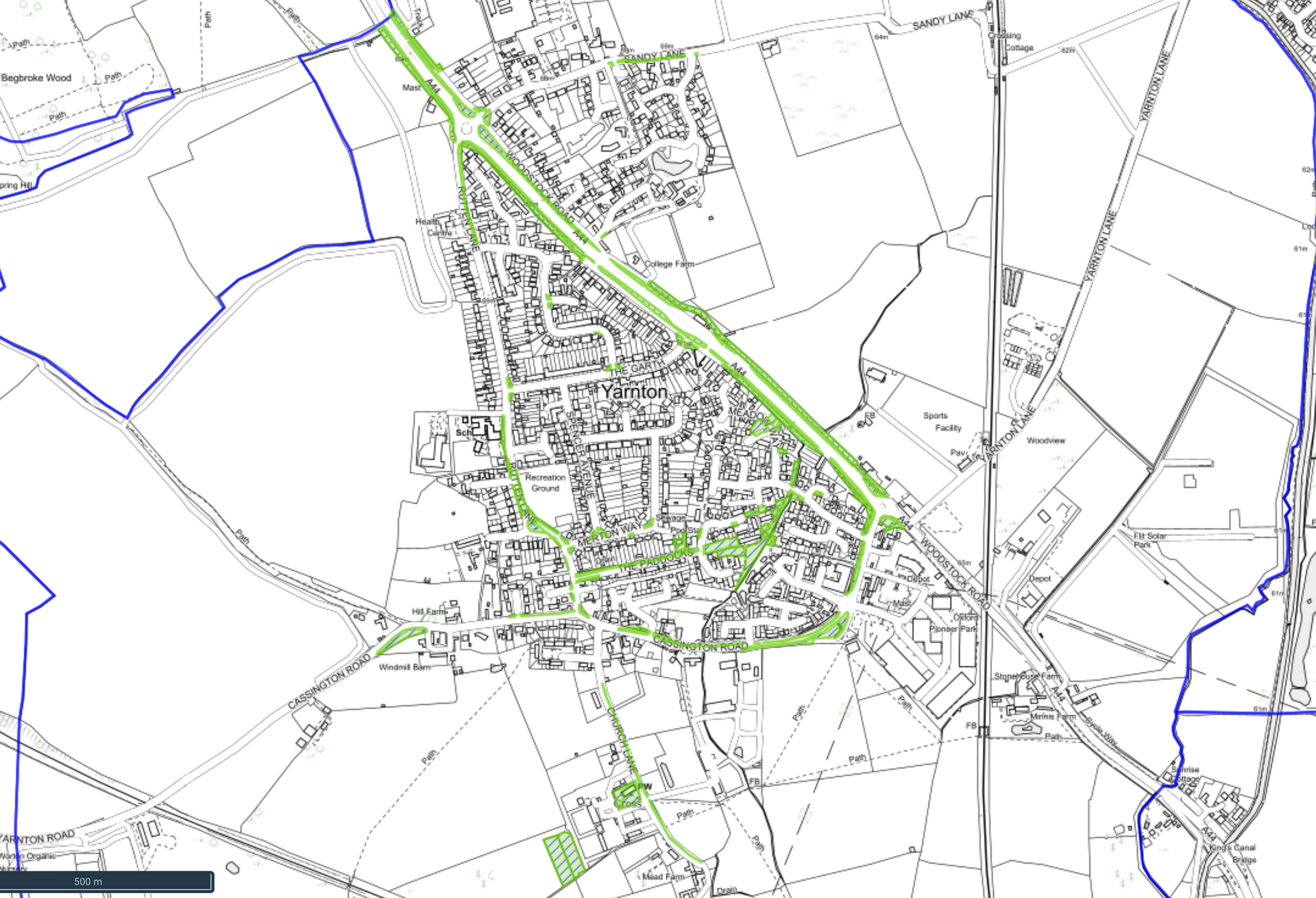 A black and white map with a green line going through it