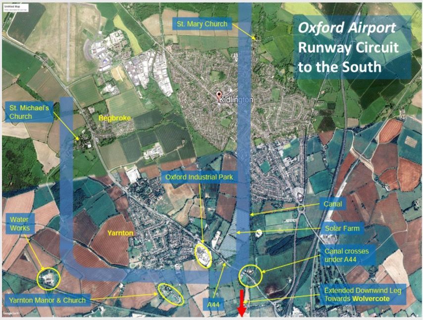 An aerial view of oxford airport runway circuit to the south