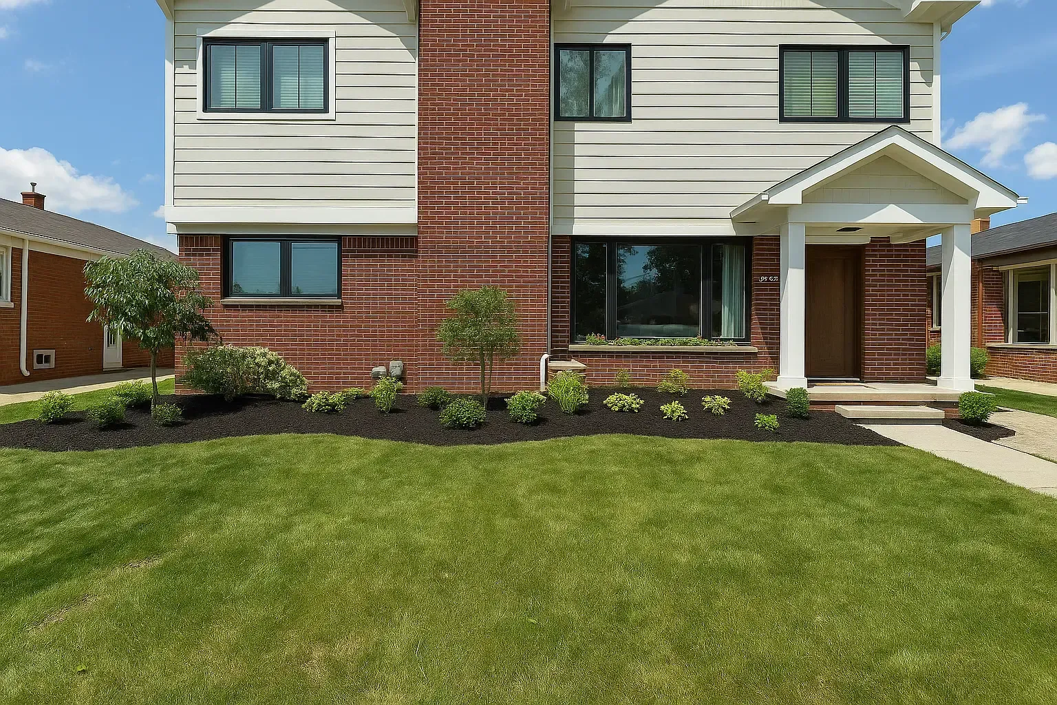 Two-story brick and siding house with front lawn, shrubs, and a walkway under a clear sky