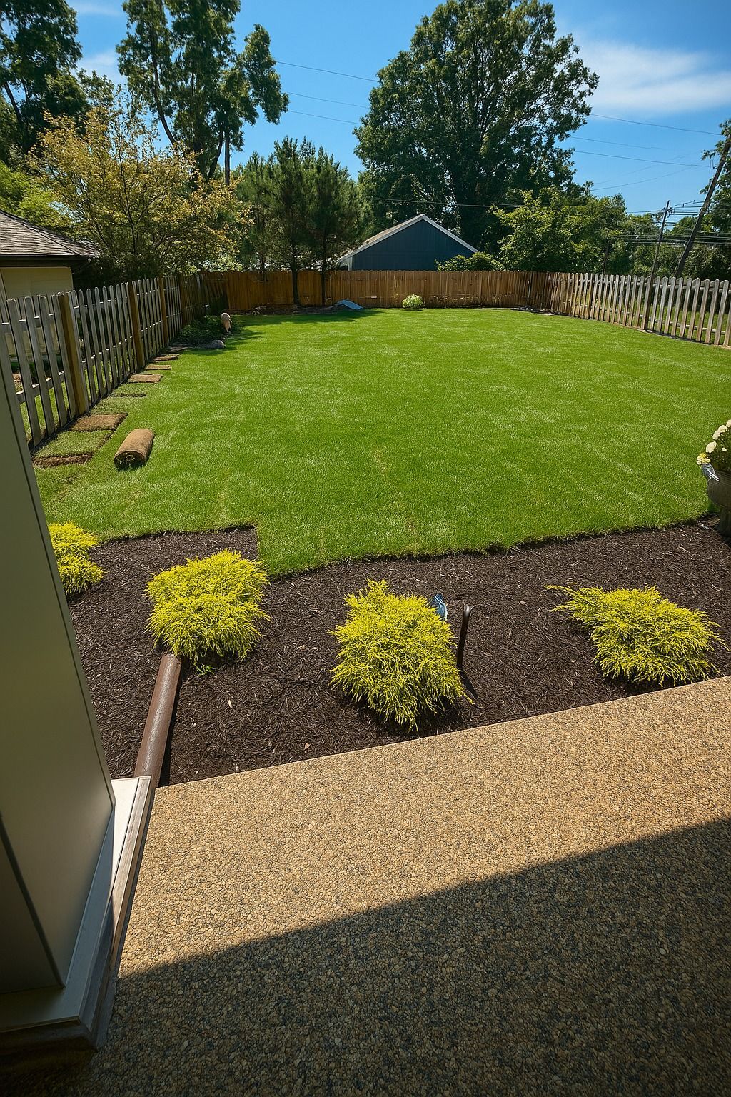 Backyard with a green lawn, wooden fence, trees, and a gravel patio with small shrubs in the foreground