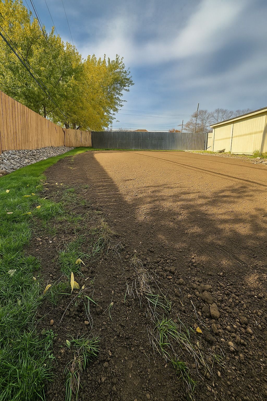 Gravel path leading to a small waterfall beside a fence, with autumn trees and blue sky