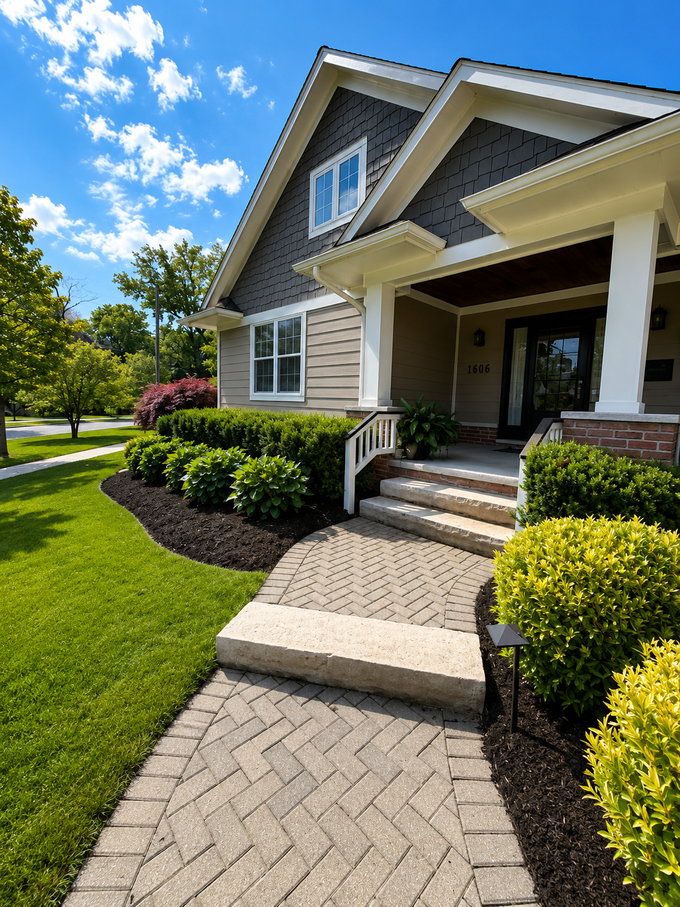 Front entrance of a beige house with white trim, steps, paver walkway, and manicured shrubs under a blue sky