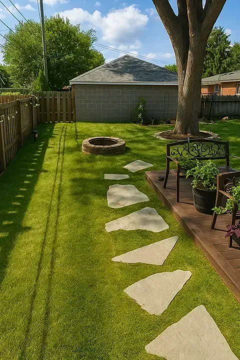 Backyard with lawn, stepping stones, fire pit, and potted plants beside a patio chair and large tree.