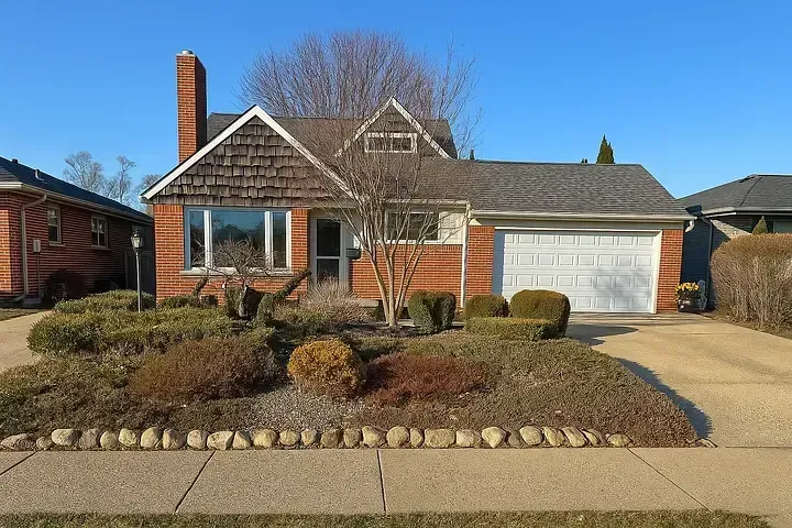 Brick suburban house with a gray garage, trimmed shrubs, and a dry front yard under a clear sky