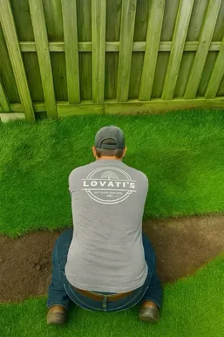 Person kneeling on grass facing a wooden fence, wearing a gray shirt and dark cap.