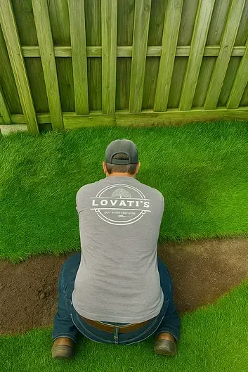 Person kneeling on grass facing a wooden fence, wearing a gray shirt and jeans.