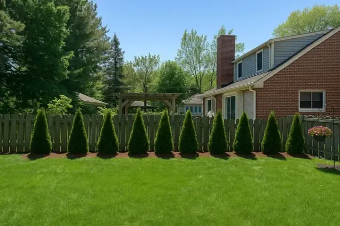 Row of cone-shaped evergreens along a green lawn beside a brick house and wooden fence under a sunny sky