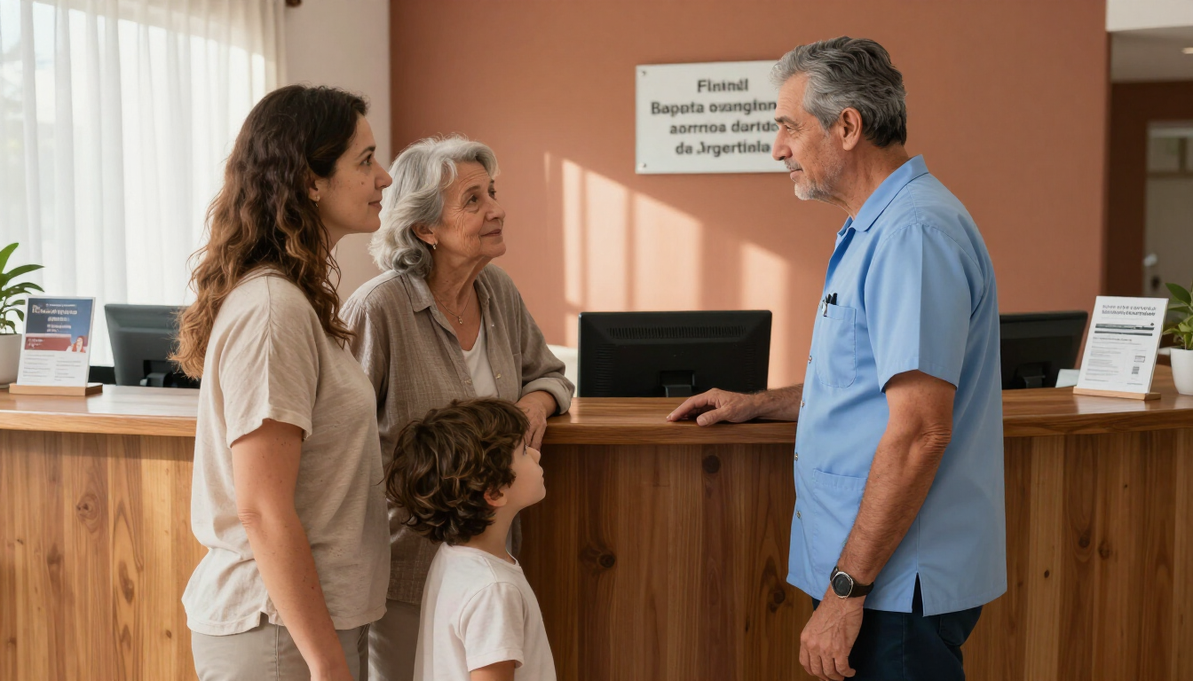 Tres personas conversando en la recepción de una clínica u oficina.