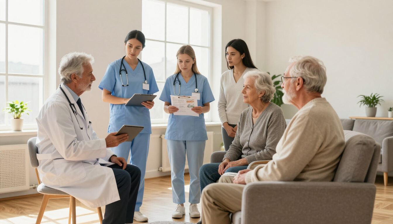 Personal médico atendiendo a pacientes ancianos en una luminosa sala de espera de la clínica.