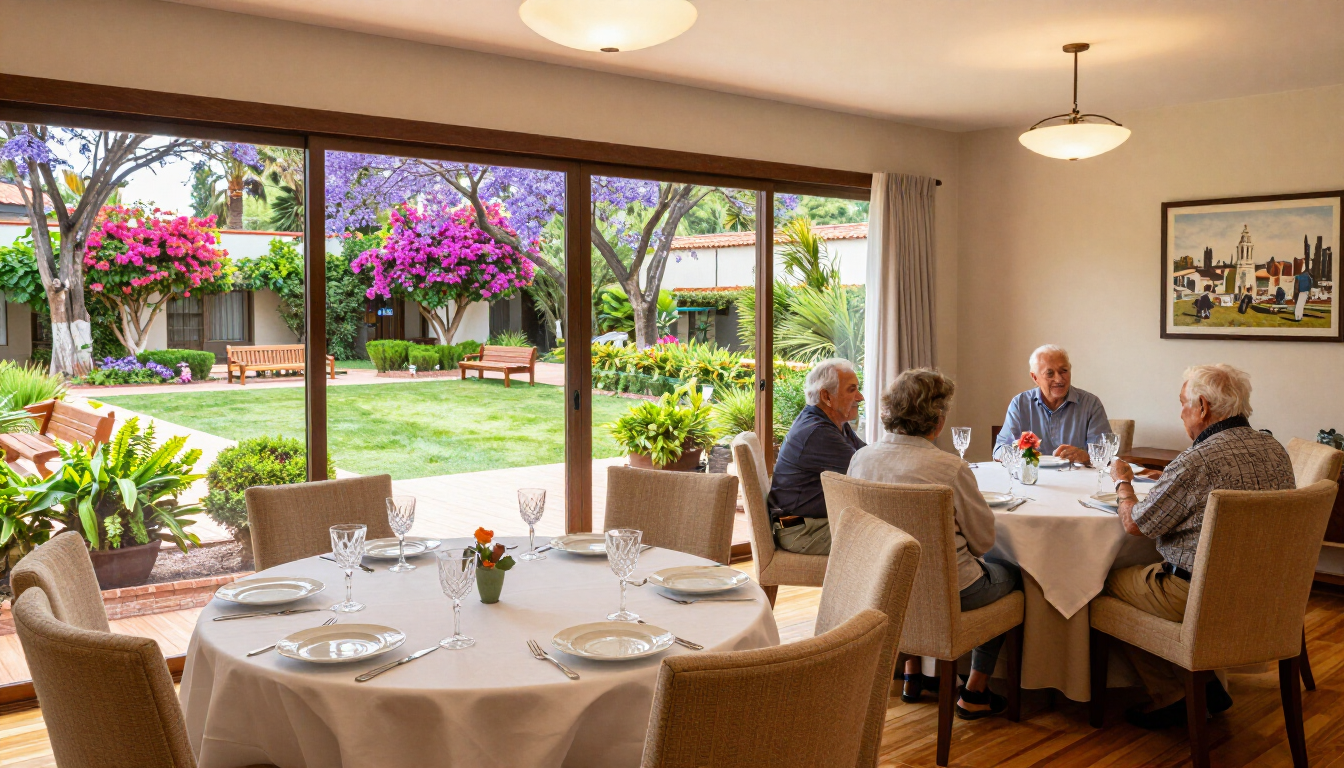 Comedor con personas sentadas en mesas con vistas a un jardín a través de grandes ventanales.