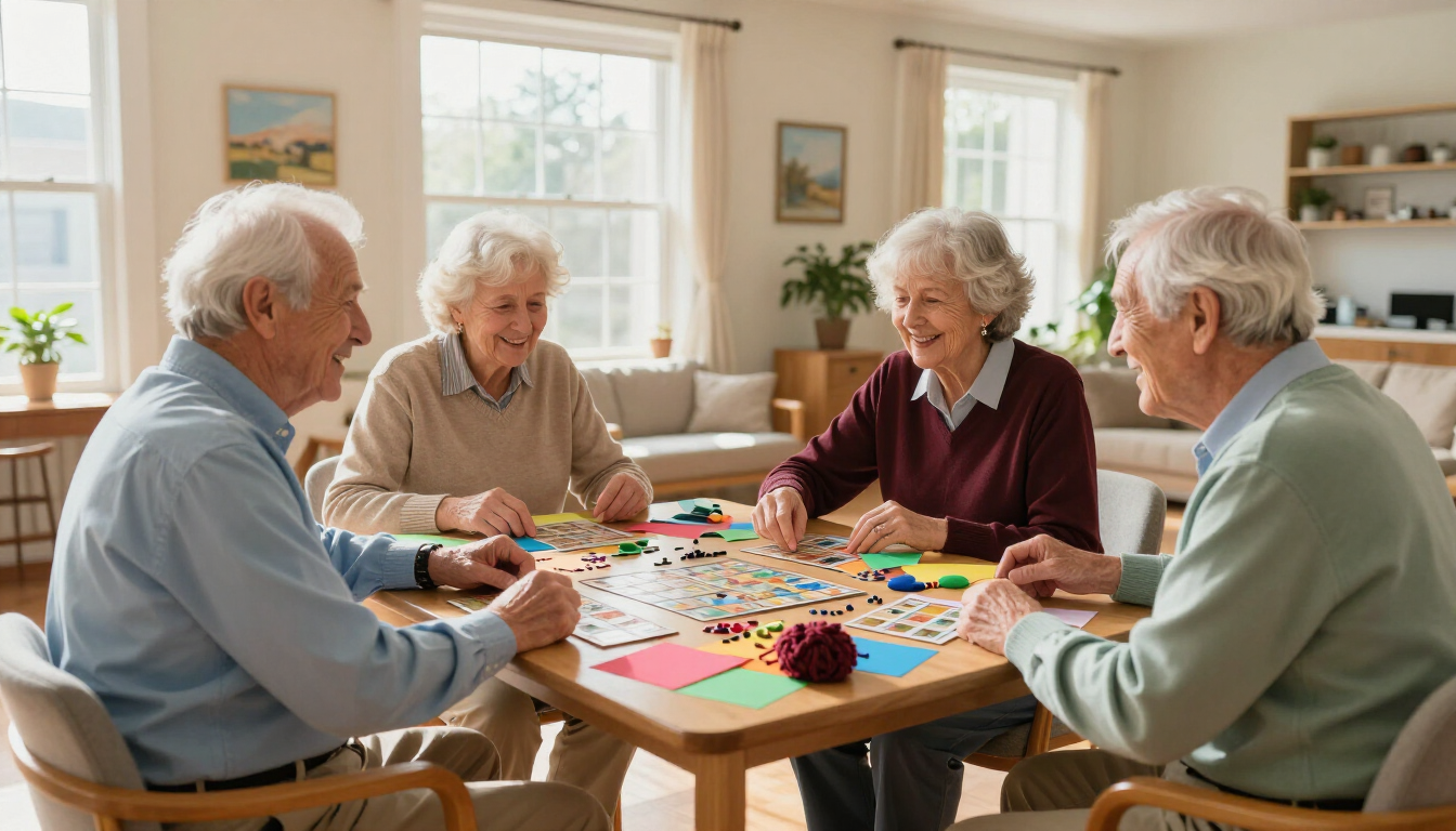 Adultos mayores jugando a un juego de mesa alrededor de una mesa en una luminosa sala de estar.