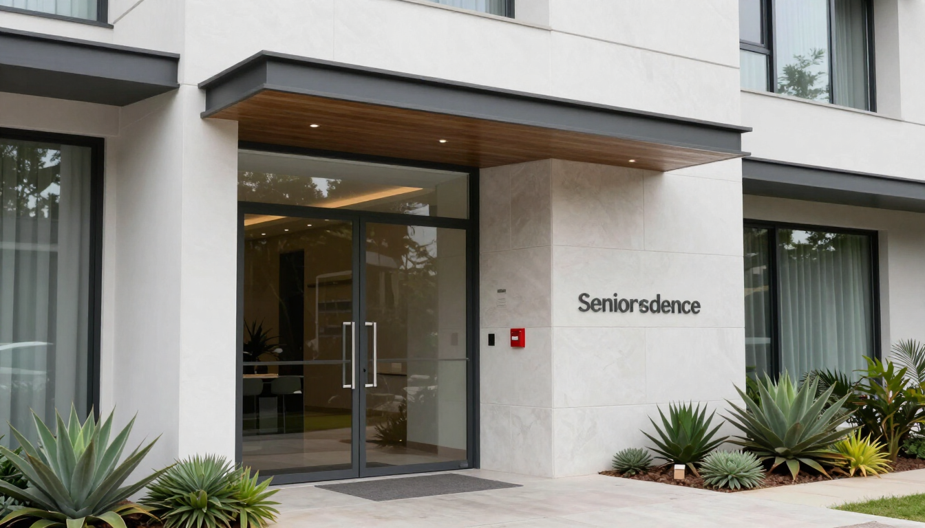 Entrada moderna a un edificio de apartamentos con puertas de cristal, marquesina de madera y letrero de “Seniorsdence”.