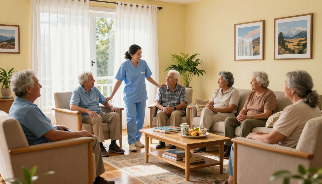 Cuidador con personas mayores en una sala de estar luminosa, sentados en círculo durante una actividad grupal.