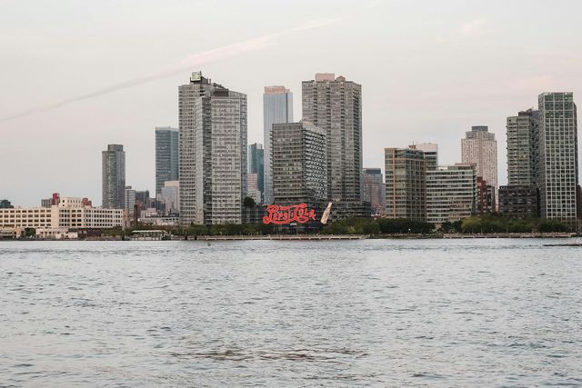 A city skyline is visible over a body of water.