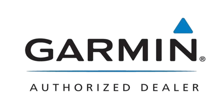 Garmin Authorized Dealer logo with black text and blue accent triangle on white background