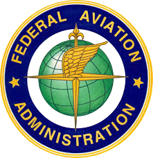 Federal Aviation Administration seal with blue ring, gold eagle and globe emblem
